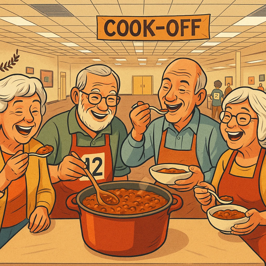 Illustrated scene of four smiling older adults wearing aprons and tasting chili together at a community cook-off event. A large pot of chili sits on the table, and a “Cook-Off” banner hangs above them in a bright, welcoming hall.