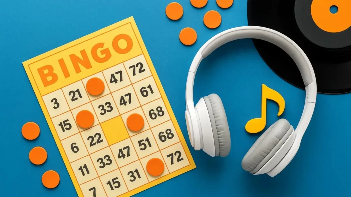 Bright bingo card, orange markers, headphones, and a record on a blue background, representing a lively music trivia bingo night.