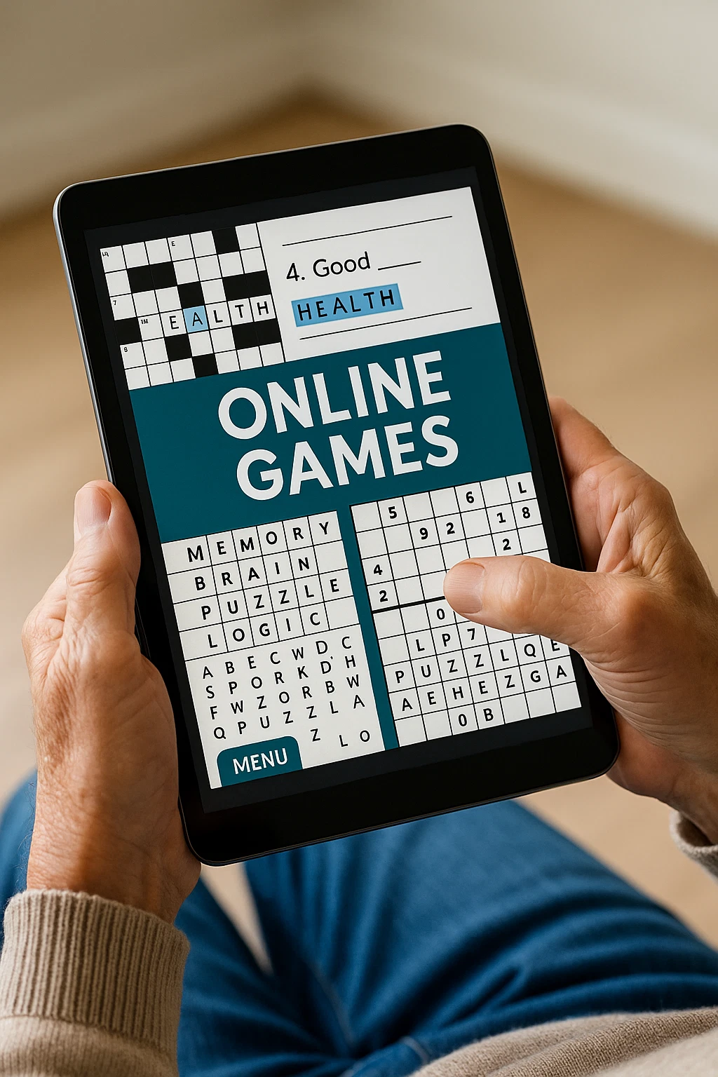 Close-up of a senior’s hands holding a tablet while playing an online word puzzle game, showing a fun way to keep the brain active.