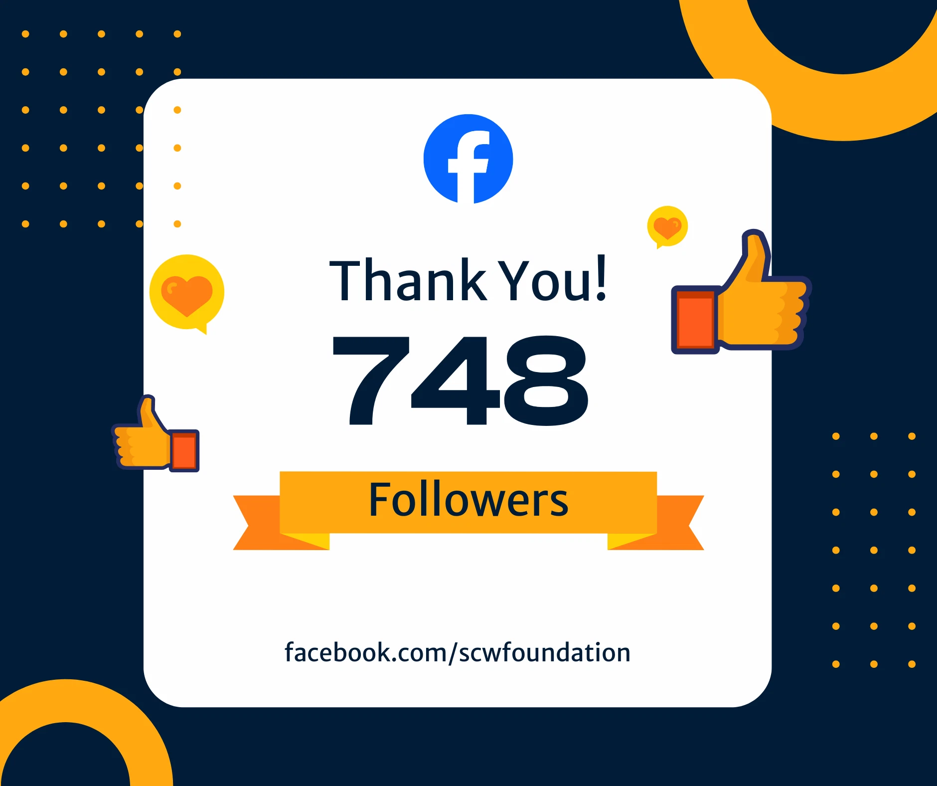 Graphic that says 'Thank You! 748 followers' with the Facebook logo and thumbs-up icons, celebrating the Sun City West Foundation Facebook community.