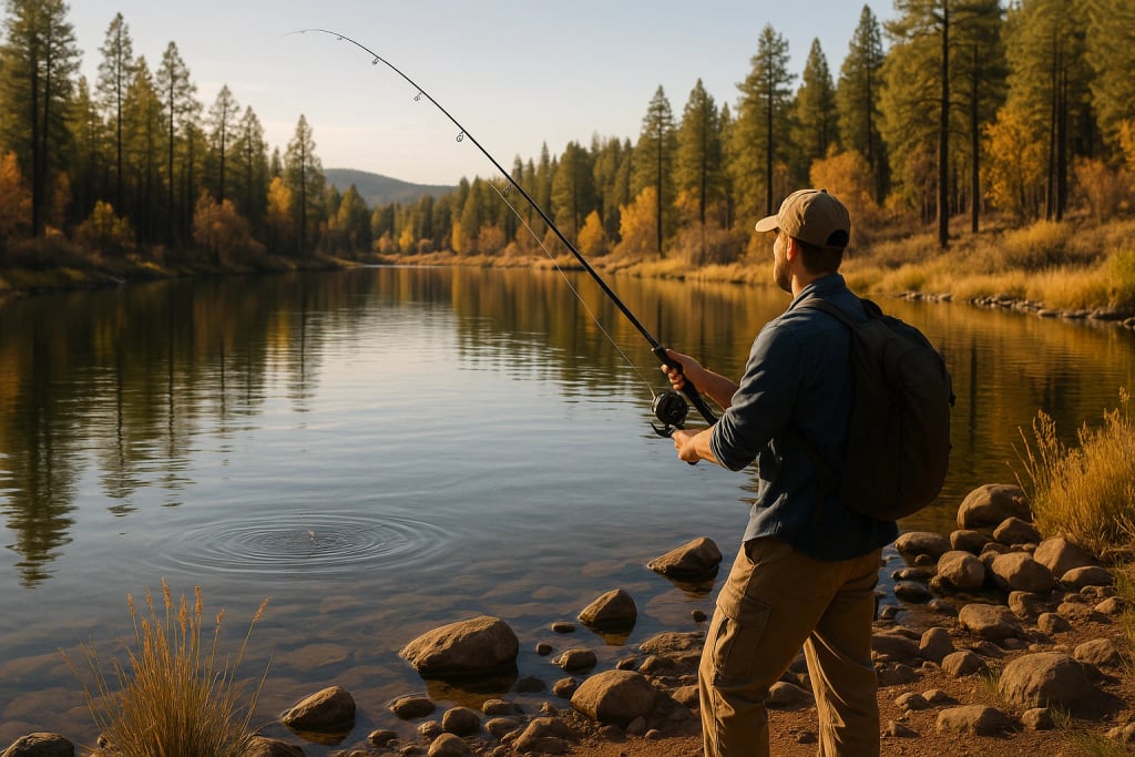 Angler fishing from the shoreline of a peaceful mountain lake in Payson, Arizona, framed by colorful autumn trees and forested hills in the distance.