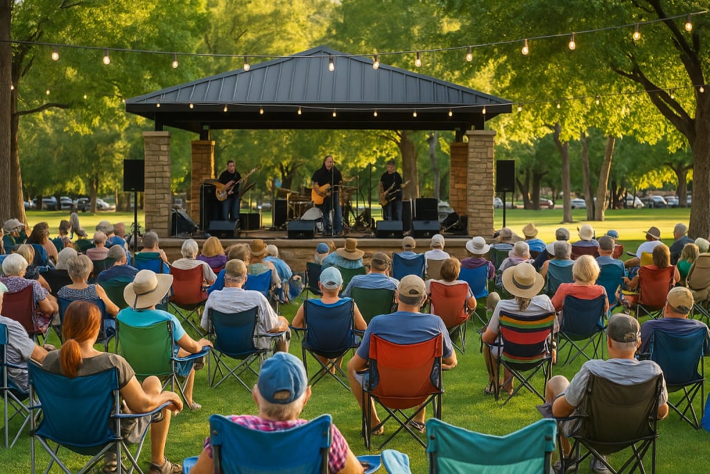 Outdoor concert at Green Valley Park in Payson, Arizona, with a live band performing on a covered stage and a seated audience enjoying the show on a sunny afternoon.