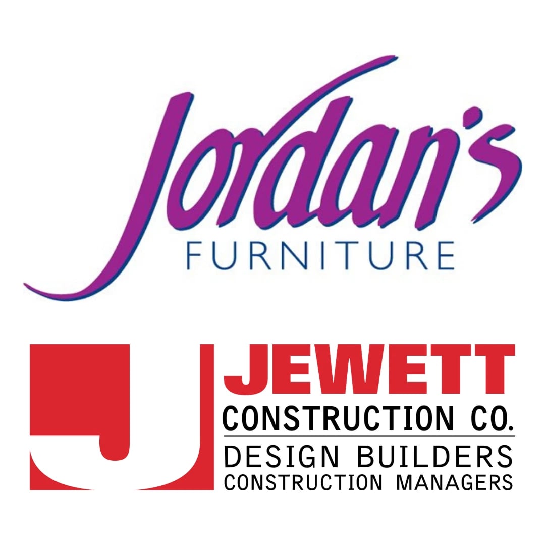 Jordan’s Furniture and Jewett Construction logos representing partnership announcement.