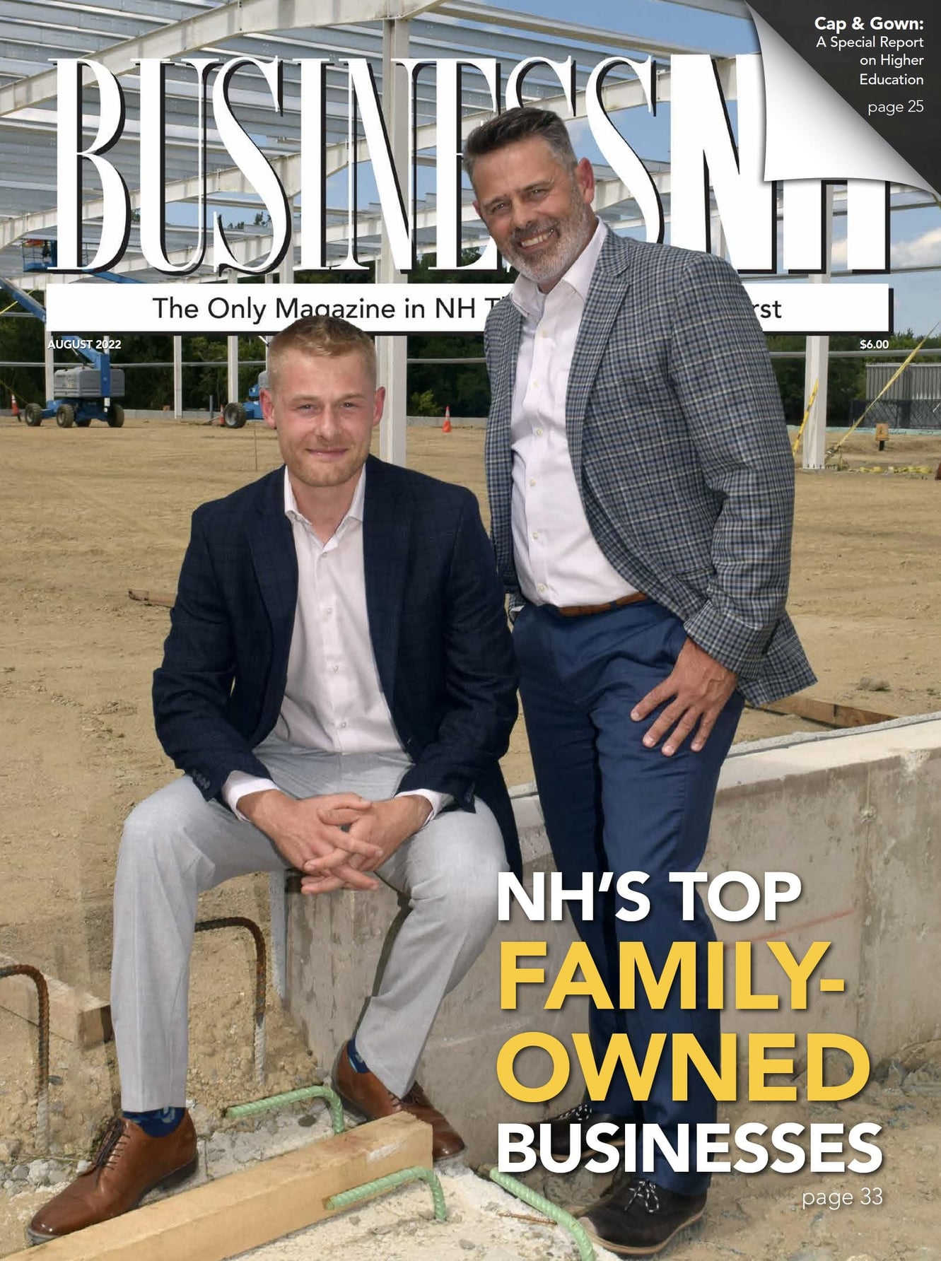Cover of Business NH Magazine, August 2022 issue, featuring two men in business attire posing at a construction site. The headline reads “NH’s Top Family-Owned Businesses,” highlighting Jewett Construction’s leadership. A steel framework and dirt lot form the background.