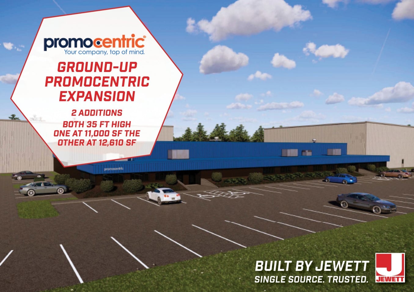 Rendered image of the PromoCentric facility expansion showing new building additions with blue facade, parking, and clear skies. Overlaid text details specs of the two additions and includes Jewett branding.