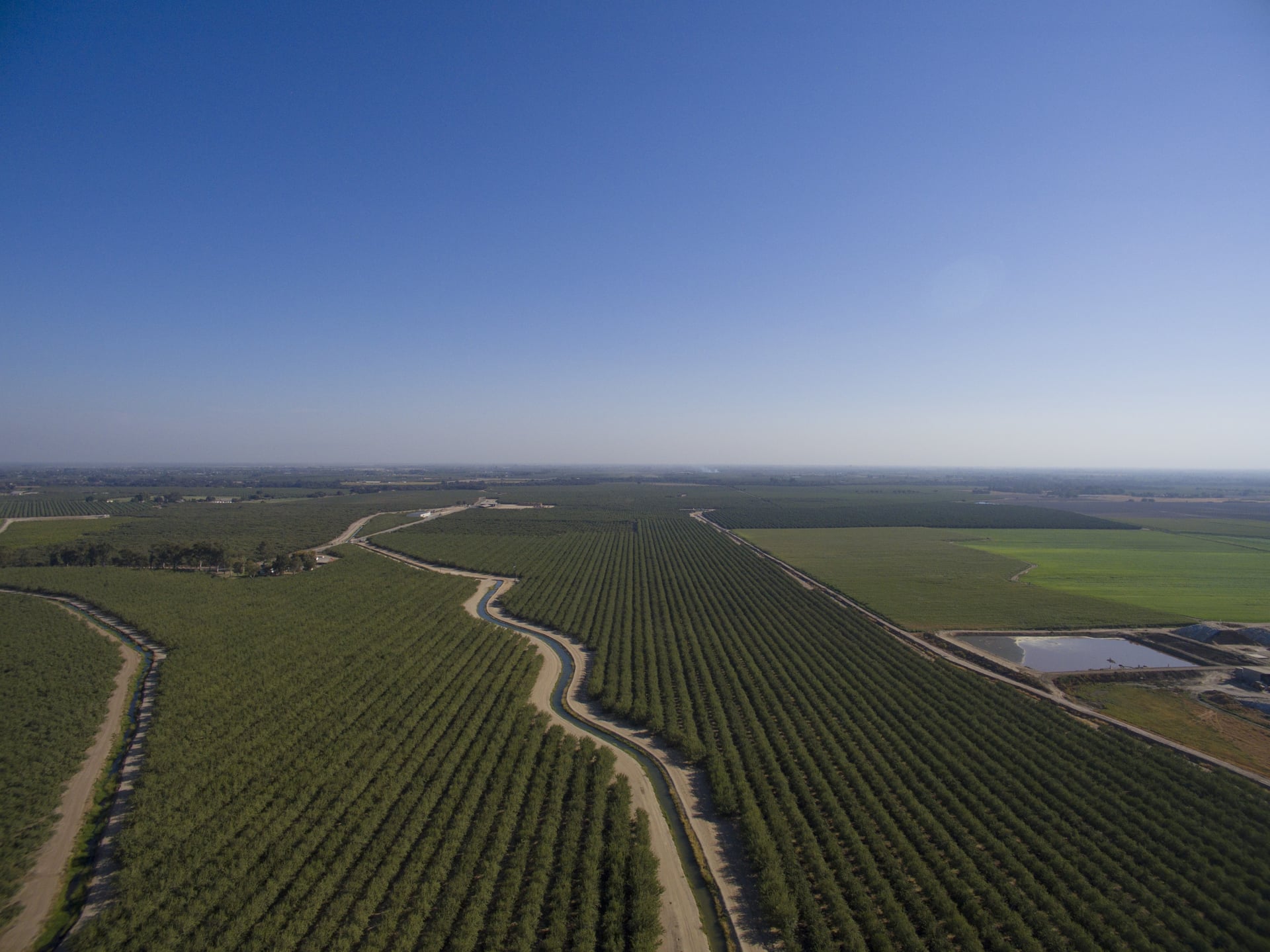 Aerial panorama of expansive orchards divided by roads and irrigation ponds. The repeating geometry reflects decades of planning and the farm’s commitment to water-wise, drought-resilient practices across California’s agricultural heartland.