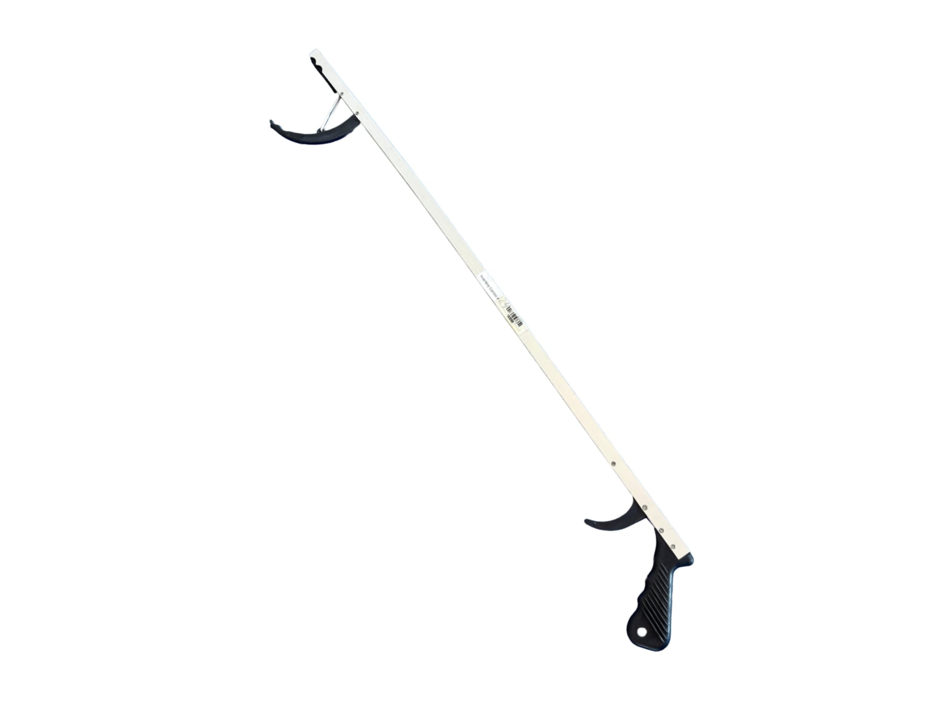 A long reach tool with a silver aluminum shaft and a black pistol-grip handle; at the opposite end are curved black rubber-tipped jaws operated by a trigger for gripping objects without bending.