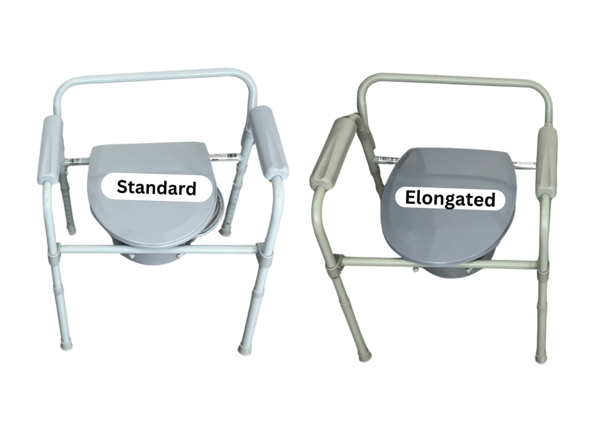 Two bedside commodes: one with a tubular frame and elongated seat opening with padded armrests over a removable bucket, and one similar frame with a standard seat opening and padded armrests.