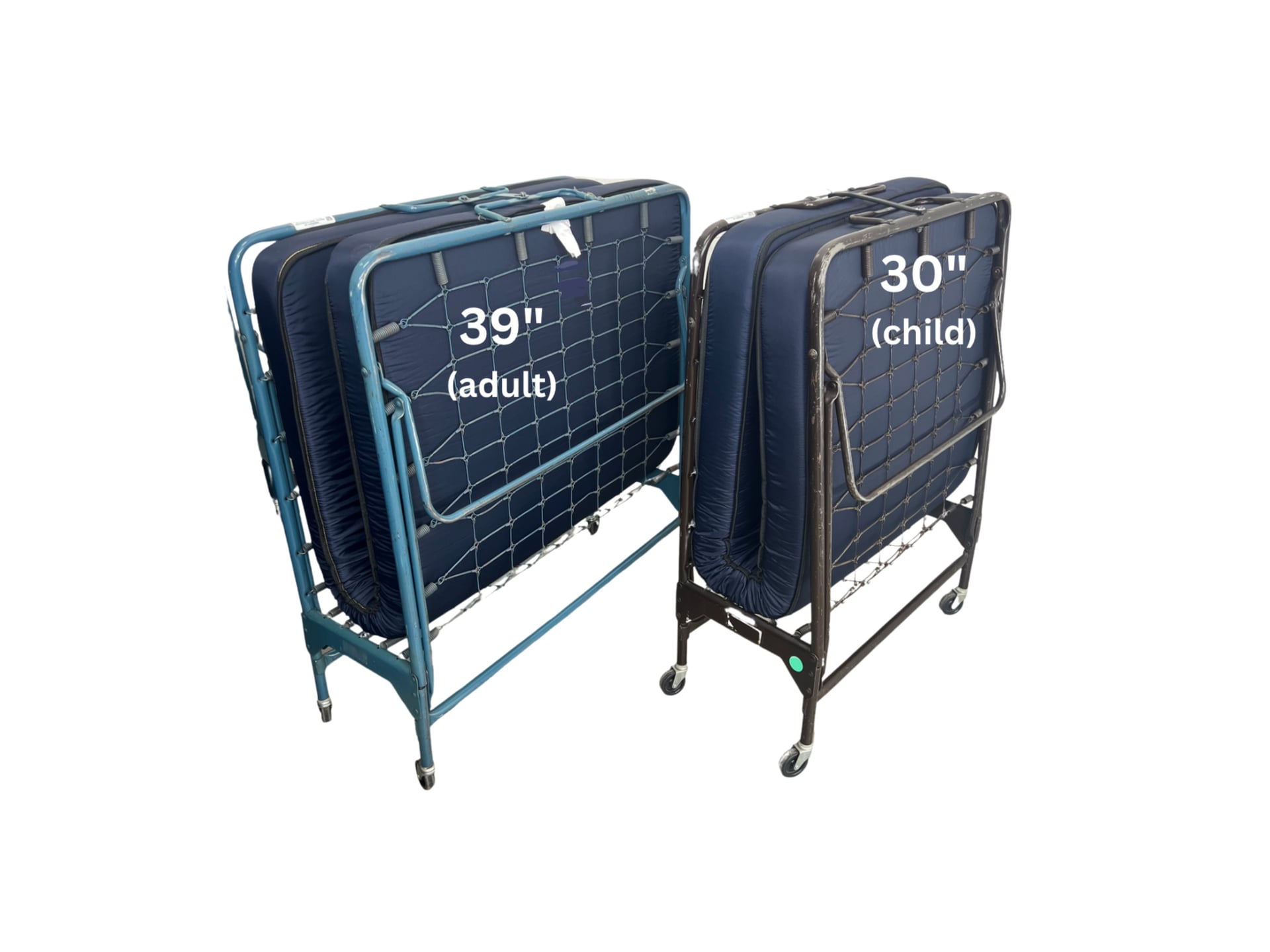A folded metal-framed rollaway bed on caster wheels, showing two sizes: one labeled “39″ (adult)” and a smaller one labeled “30″ (child), each with a navy-blue vinyl mattress.
