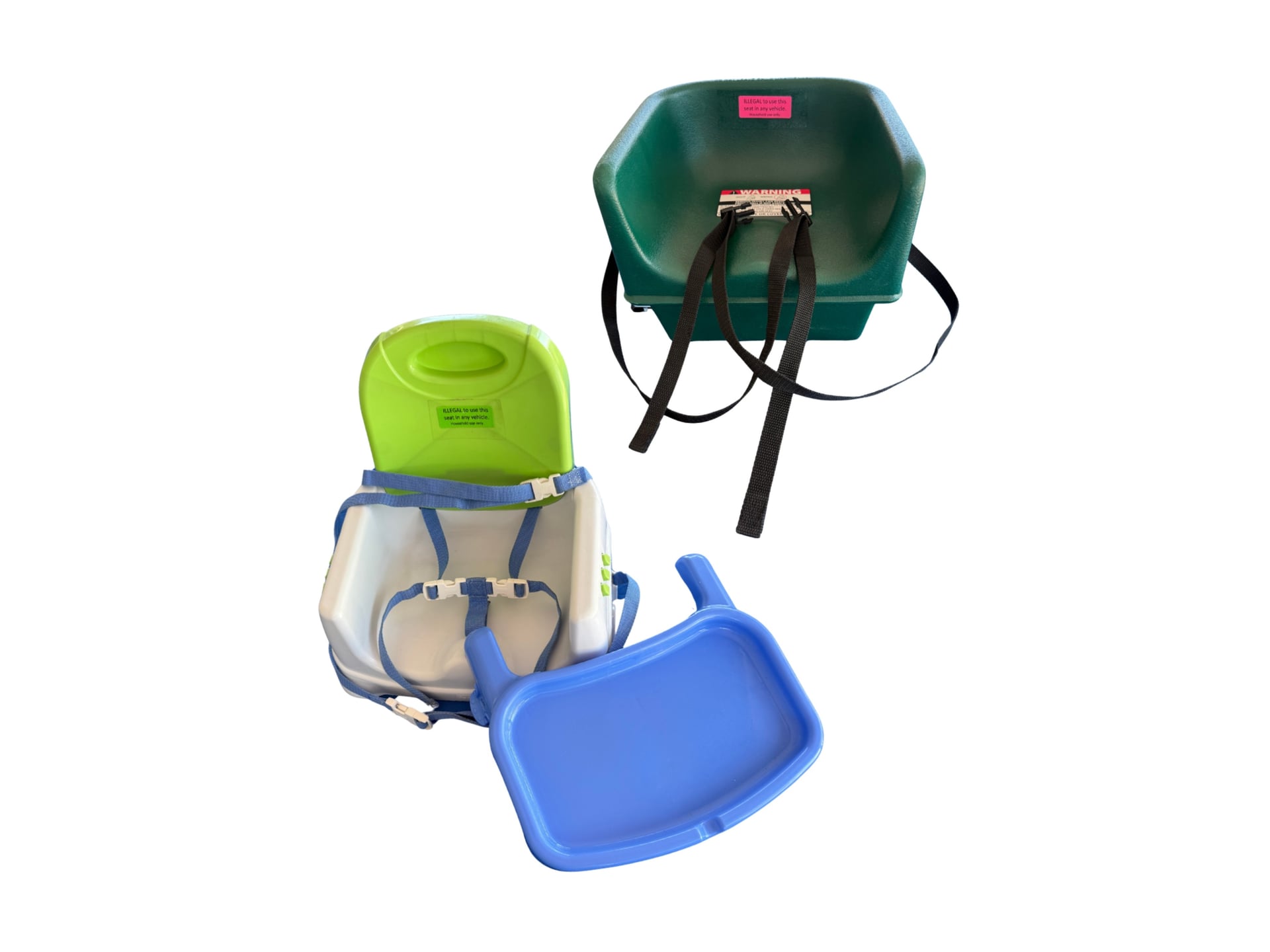 A contoured booster seat with fabric cover and built-in safety straps, designed to elevate a young child at a dining table or car seat.