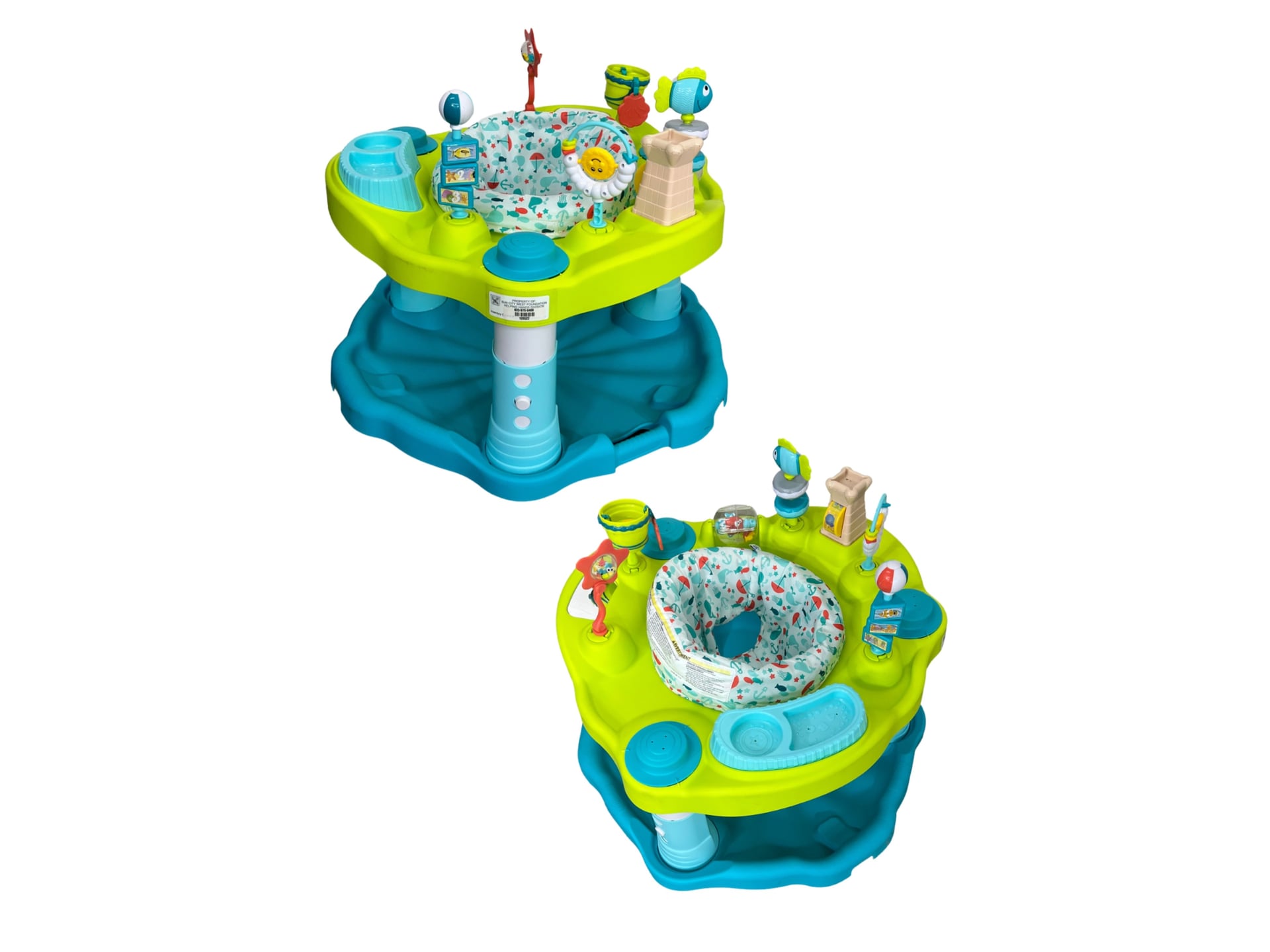 A circular baby saucer seat with a colorful plastic base, padded seat insert, and attached toy bar, allowing infants to sit and pivot while playing.