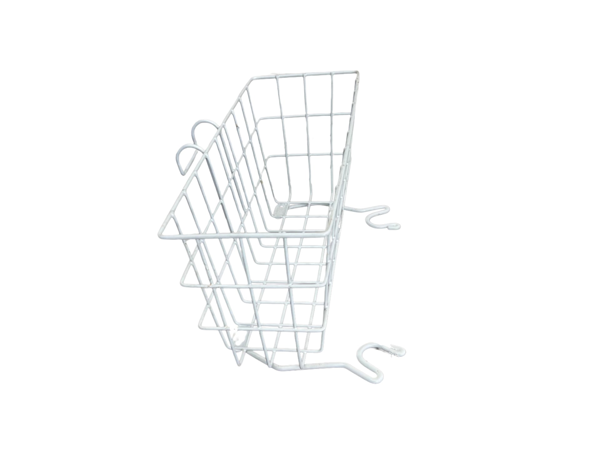 A detachable wire basket clipped onto the front crossbar of a standard walker frame, designed to hold personal items or small belongings.