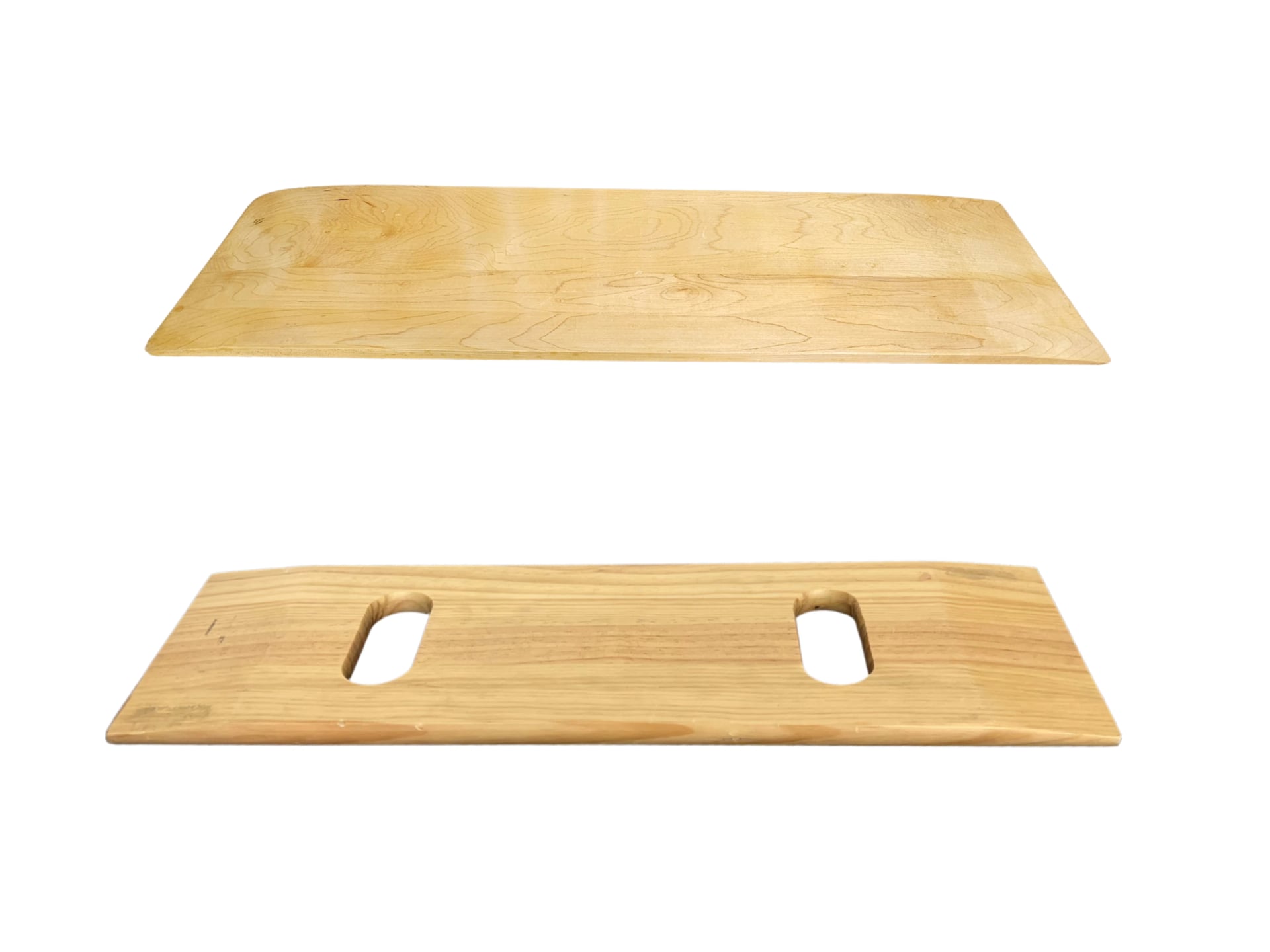 A flat wooden transfer board with smoothly rounded ends and two hand holes cut near the center, used to slide a person from one seated surface to another.