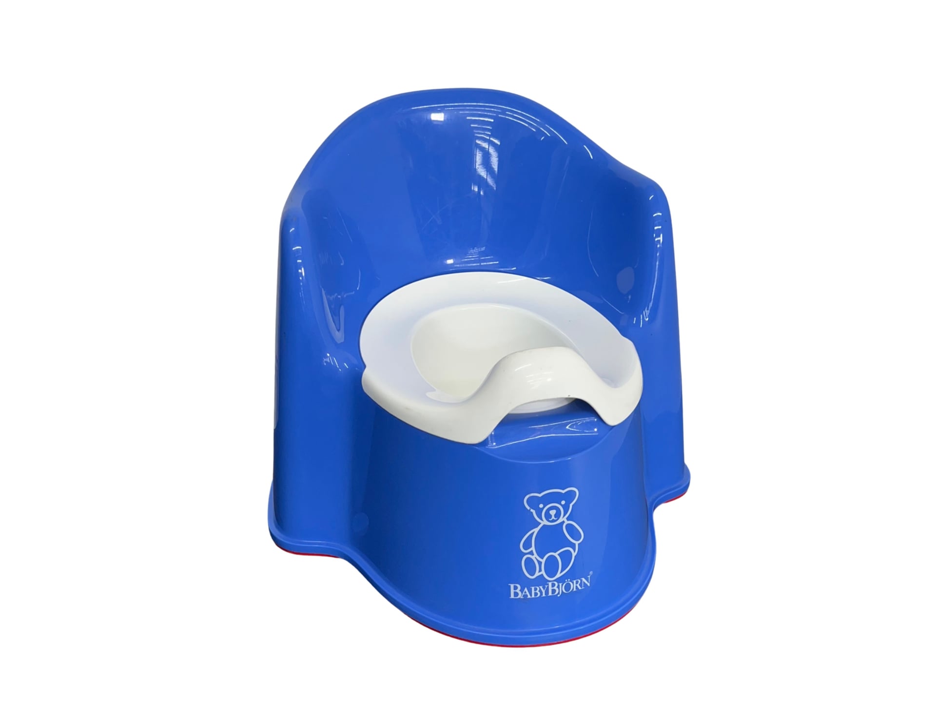A toddler-sized potty training chair made of molded plastic, featuring a high backrest and a removable inner bowl for easy cleaning.