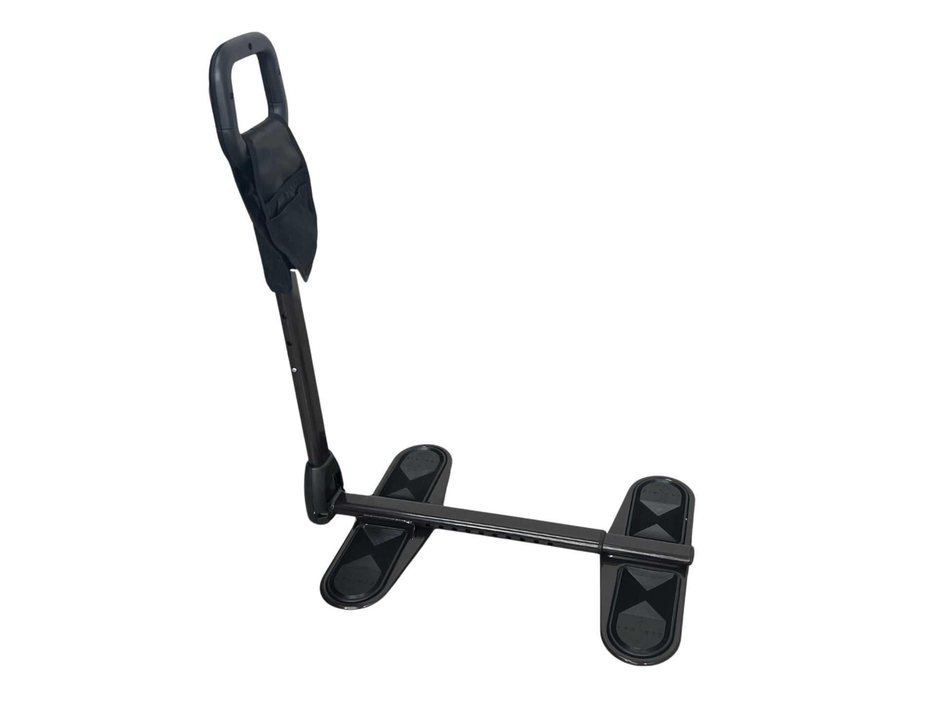 A black “couch cane” with a U-shaped metal base that slides under furniture, topped by a vertical padded handle and equipped with a small attached fabric pouch for personal items.
