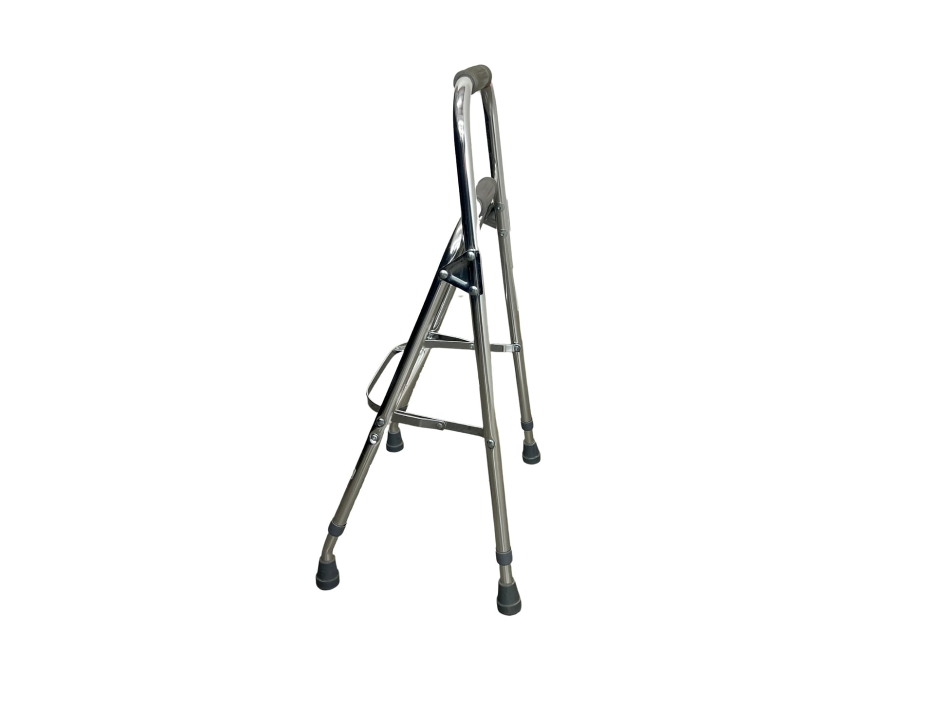 A single-sided hemi walker with an adjustable-height shaft, ergonomic plastic handle, and a four-point rubber-based foot for minimal support.