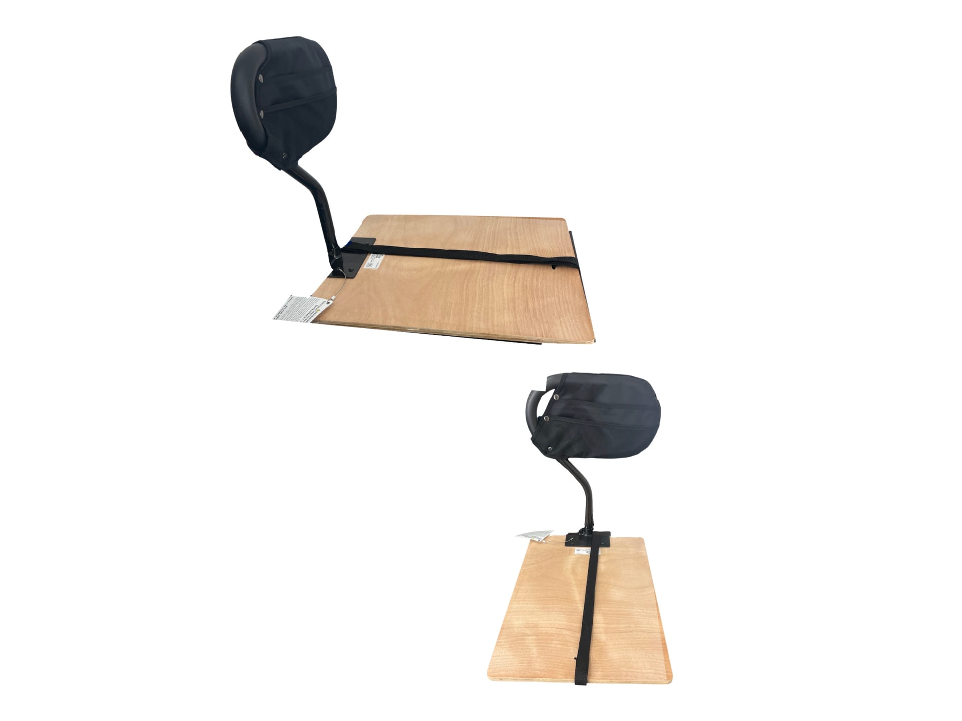 A bed cane assembly consisting of a wooden board that slides under a mattress, supporting a curved black metal handle designed to help the user sit up from a lying position.