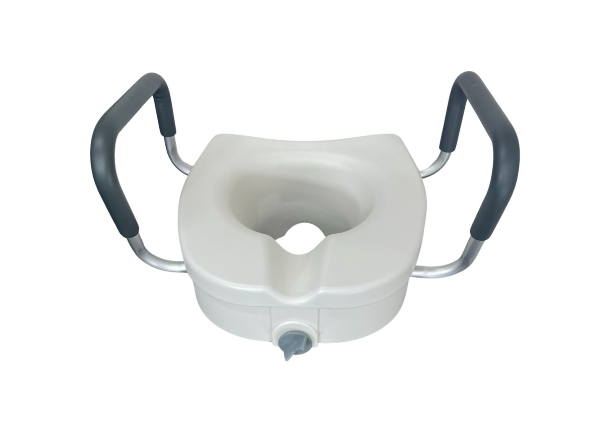 A molded white plastic toilet riser with a contoured elevated seat and two removable padded grey armrests on either side, designed to snap securely onto a standard toilet bowl to raise seat height.