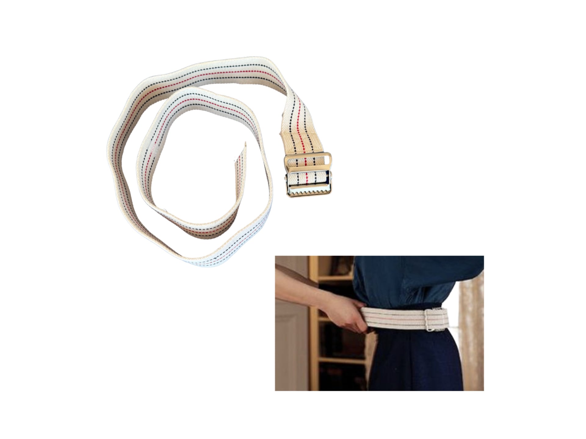 A beige canvas gait belt with stitched horizontal stripes and a silver metal buckle, shown coiled and with an inset image demonstrating it fastened around a person’s waist for assisted walking.