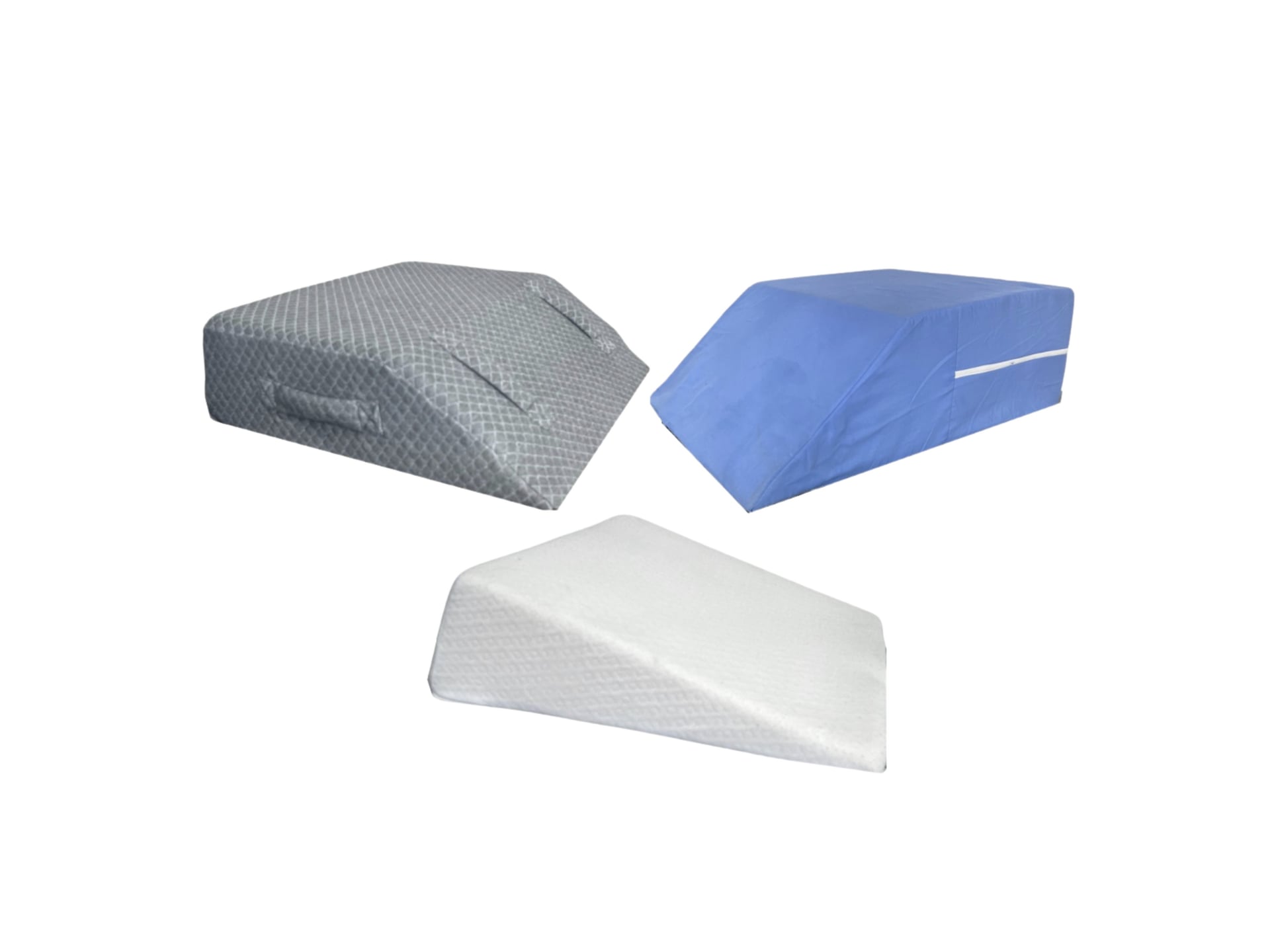 Three triangular wedge pillows arranged together—one with a quilted grey cover and side handle, one with a plain blue cover, and one of plain white foam—all designed to elevate the head or legs.