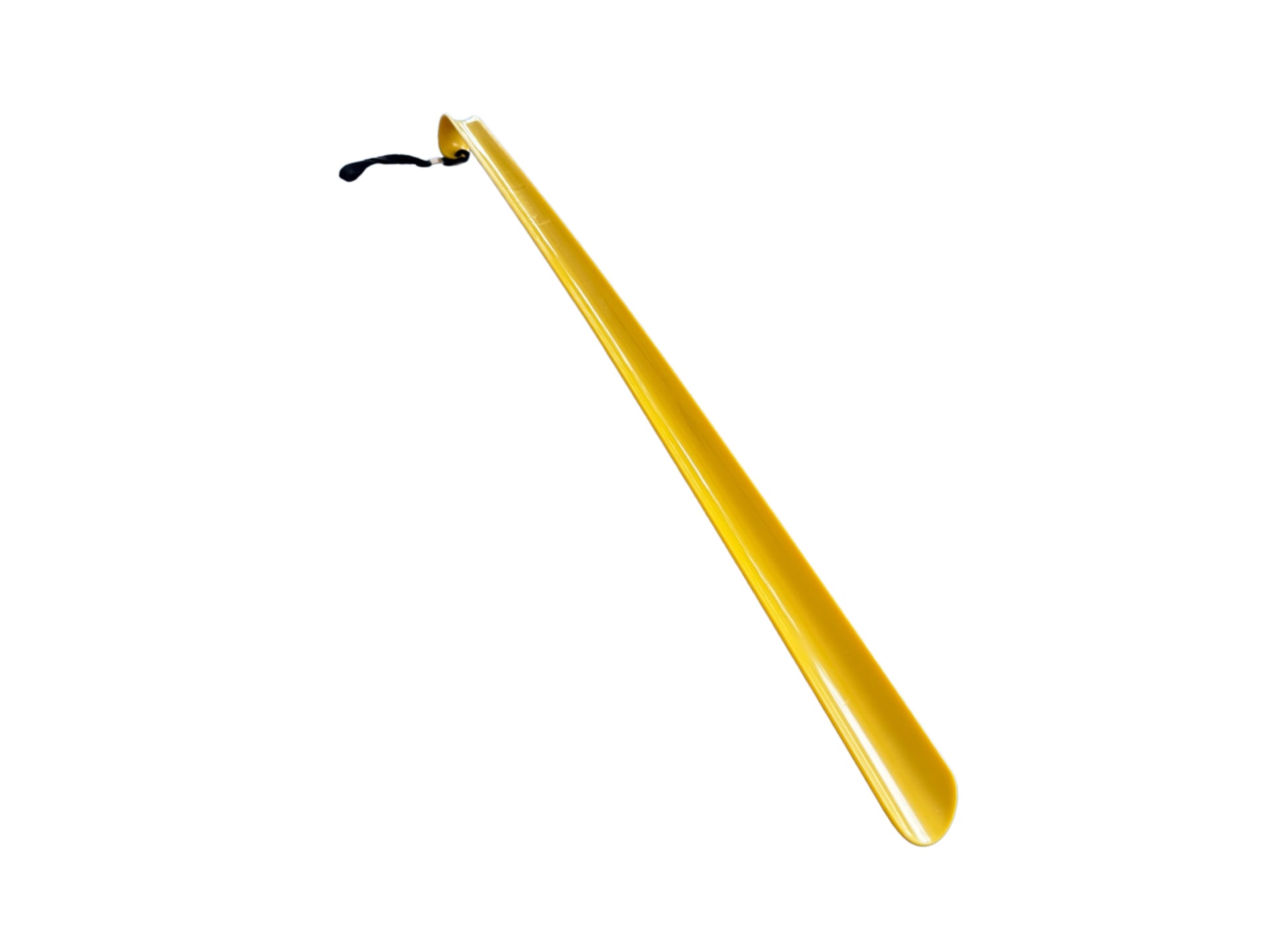A long yellow plastic shoehorn with a gently curved tip for sliding into shoes and a small black loop at the handle end for hanging or wrist attachment.