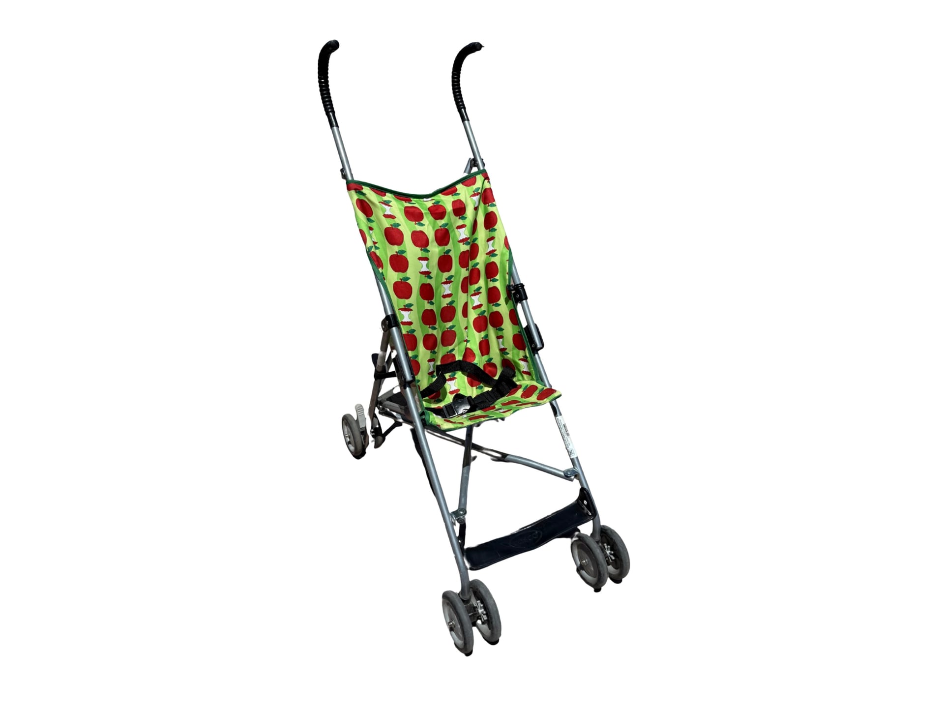 A lightweight umbrella stroller with a minimalist frame, dual front and rear wheels, straight handles, and a small fabric seat that folds compactly.