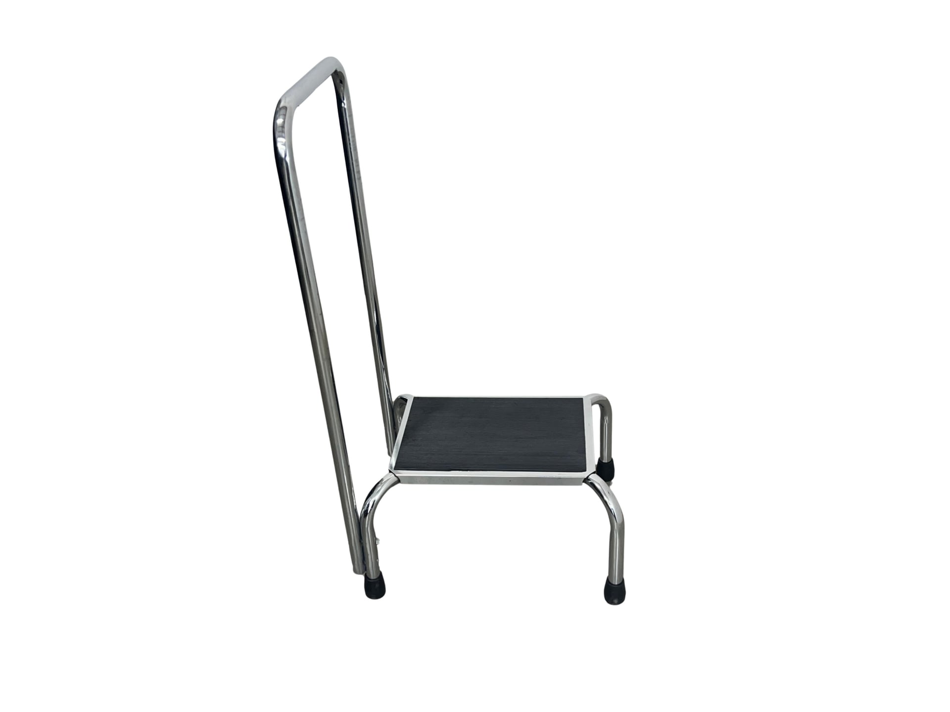 A compact step stool with a non-slip rectangular top, short metal legs, and rubber-tipped feet for stability when stepping up.