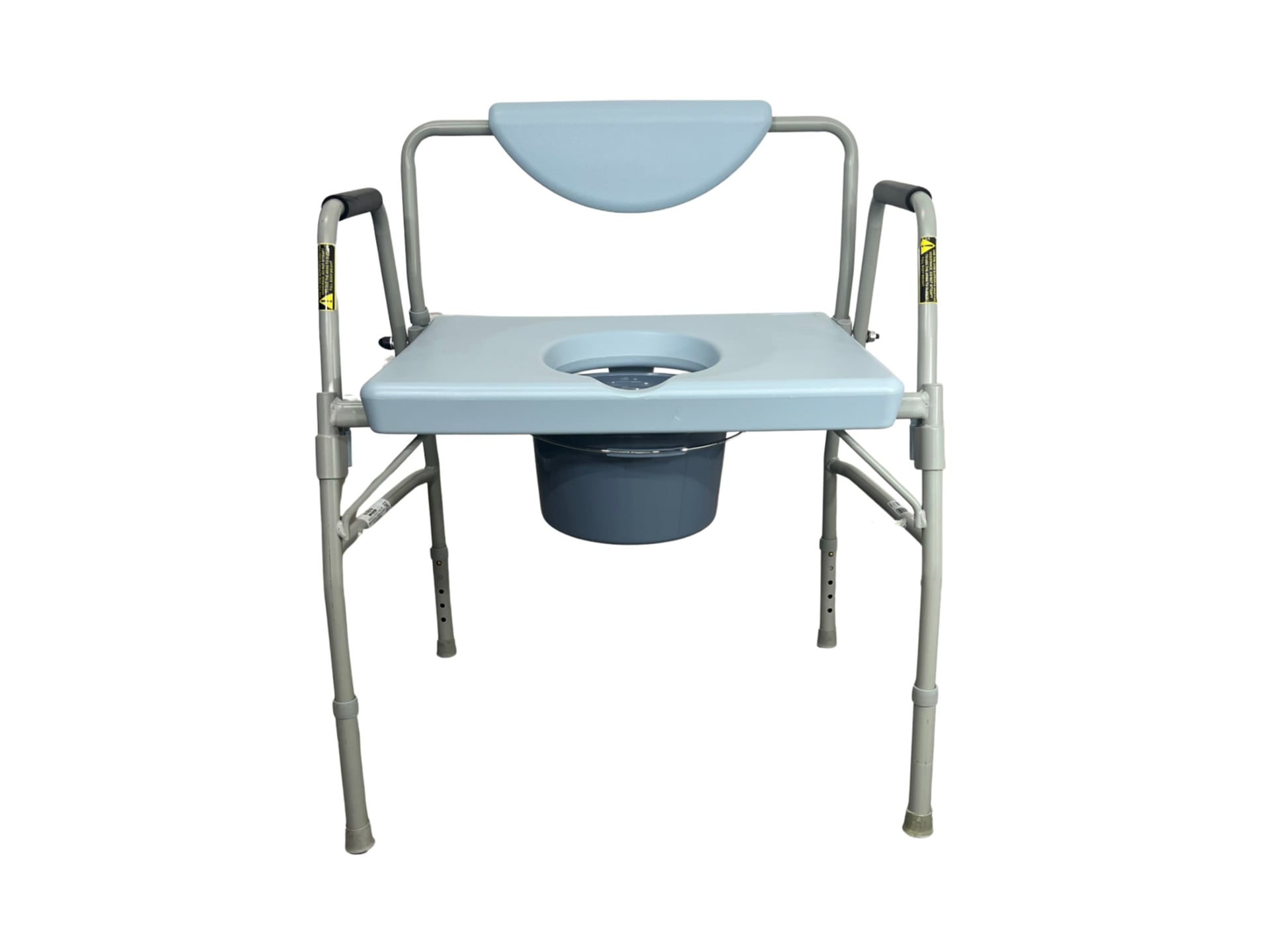 A heavy-duty bariatric commode with a light-blue tubular metal frame, wider with circular cutout, padded backrest and armrests, and a large bucket suspended beneath the seat.