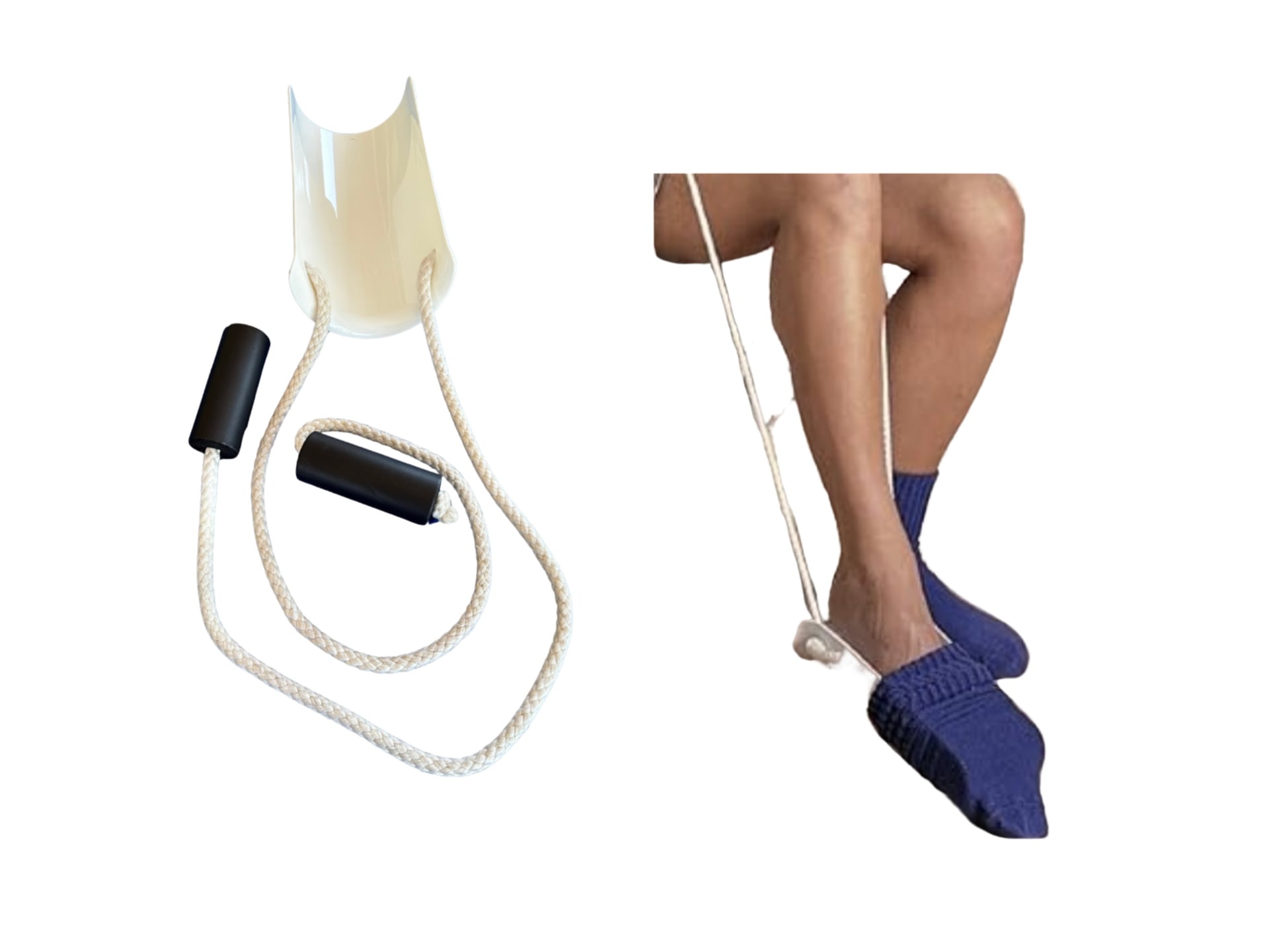 A white plastic sock aid device with two braided pull cords ending in black foam-covered handles, shown with an inset of a seated person using it to pull on a sock without bending over.