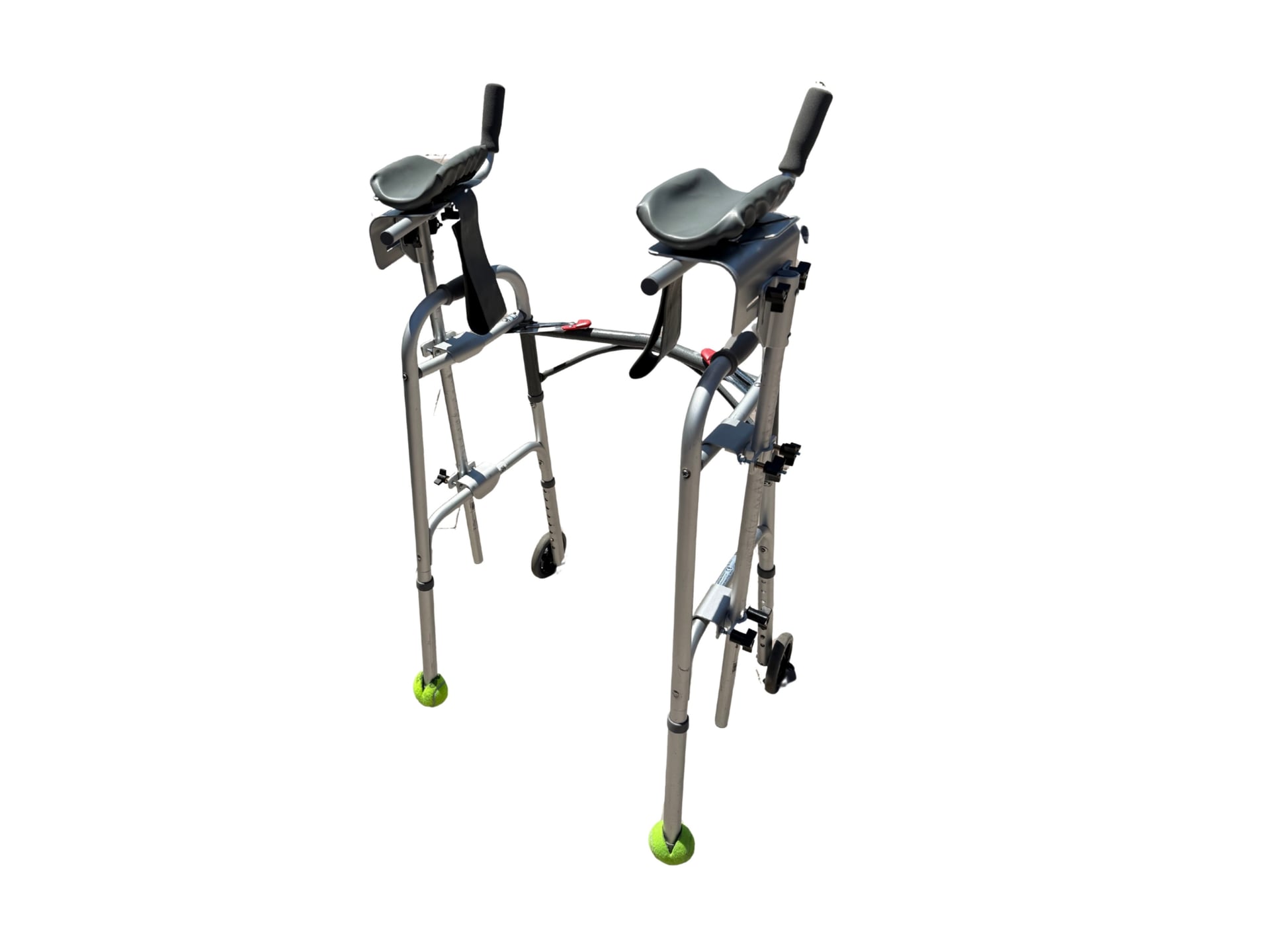 A forearm platform walker shown in three configurations—right-side support, left-side support, and both-side support—featuring padded forearm rests and adjustable metal frame with rubber-tipped legs.