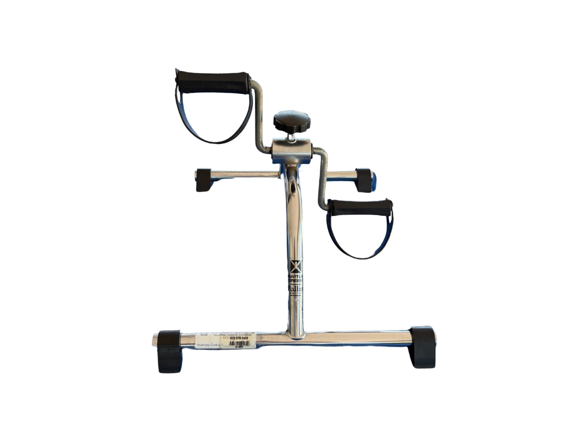 A peddler device consisting of a small seat and foot pedals mounted on a sturdy metal frame with four wheels, used for lower-body therapy exercises.