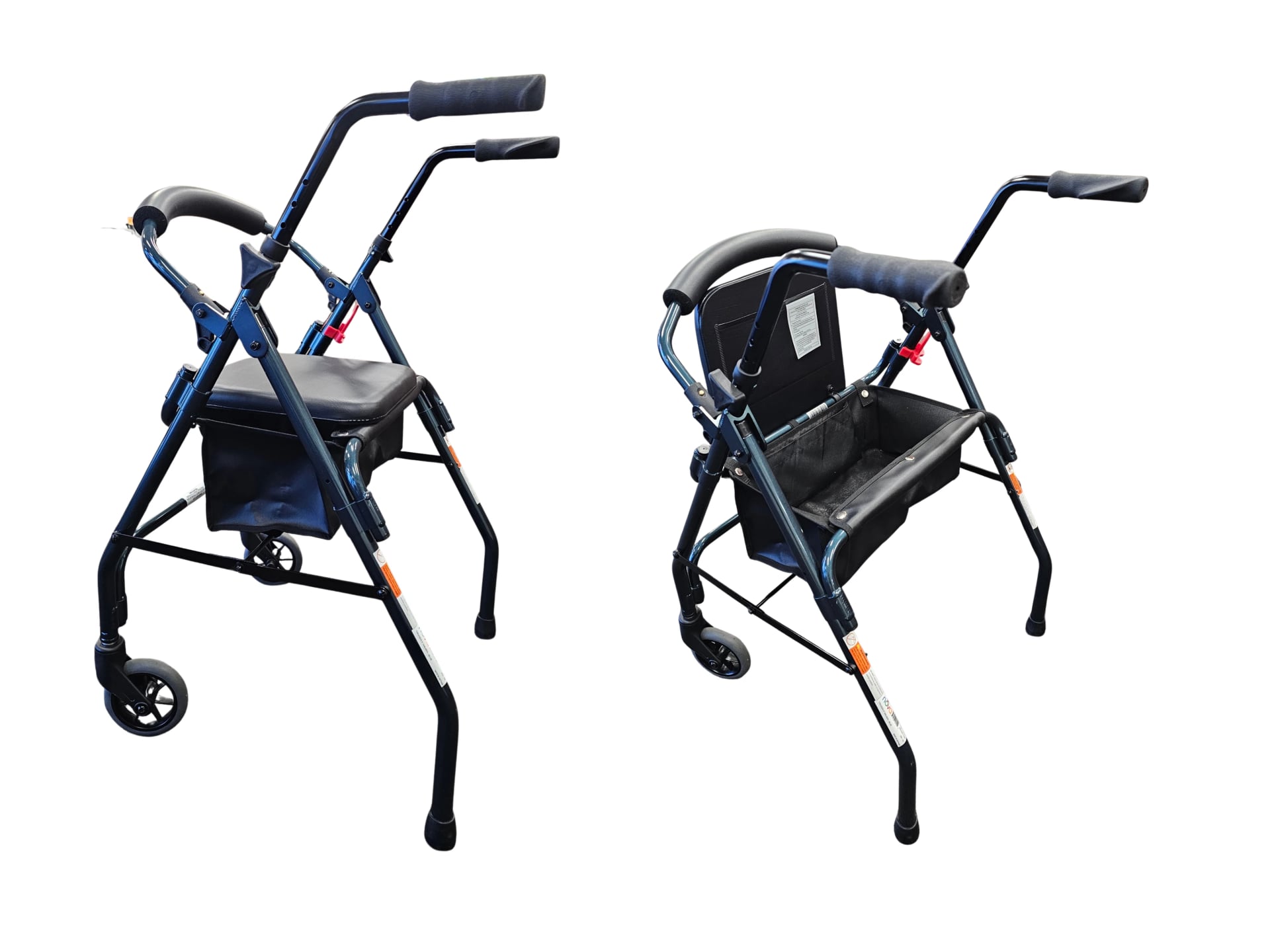 A two-front-wheel walker featuring a folding seat; one view shows the seat folded down across the frame, the other shows the seat flipped up to clear the walking path, with handbrakes on the handles.
