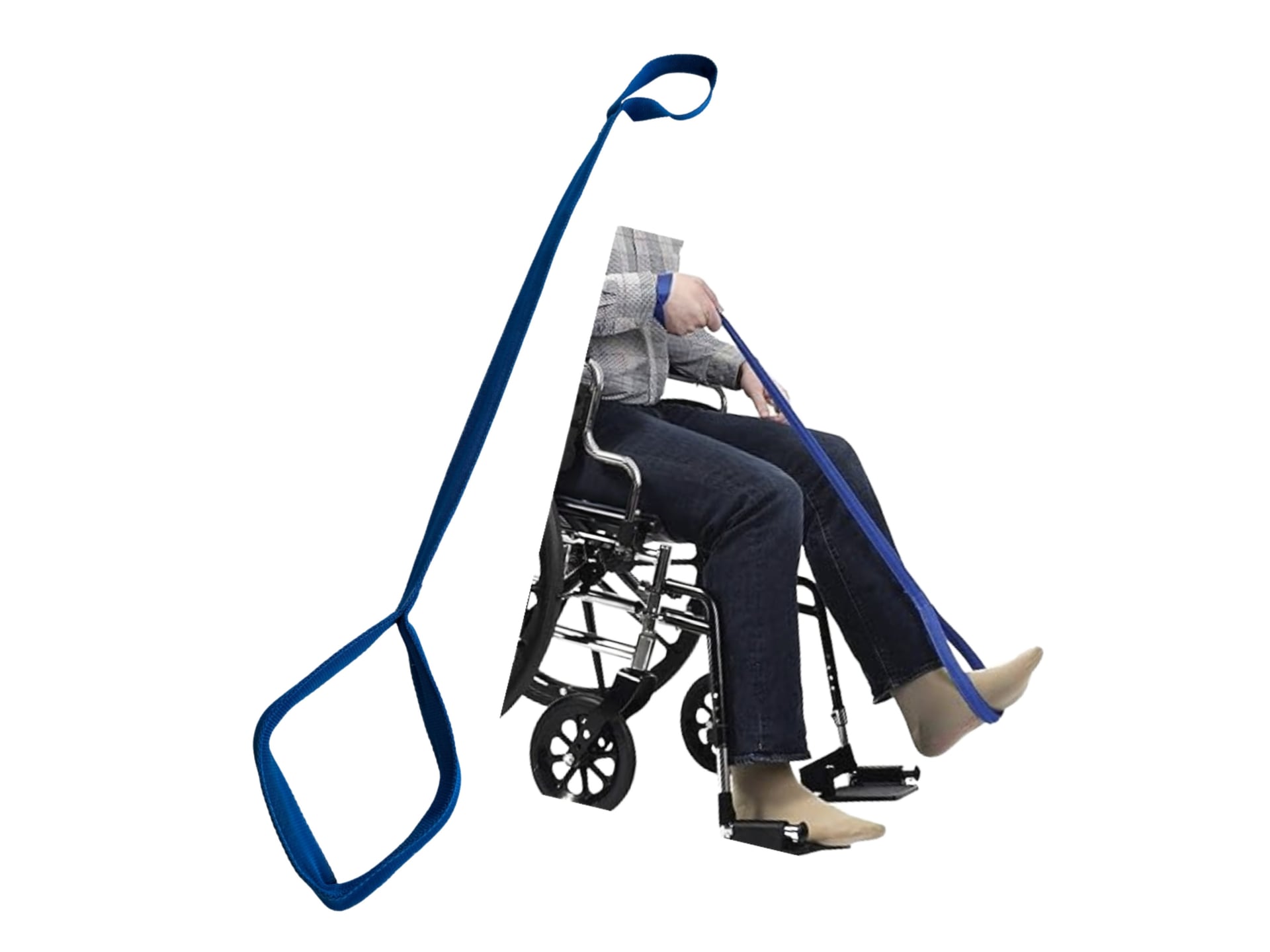 A single blue nylon leg-lifter strap featuring a rigid loop at one end for slipping around a foot and a hand loop at the other; an inset shows its use lifting a person’s leg from a wheelchair footrest.
