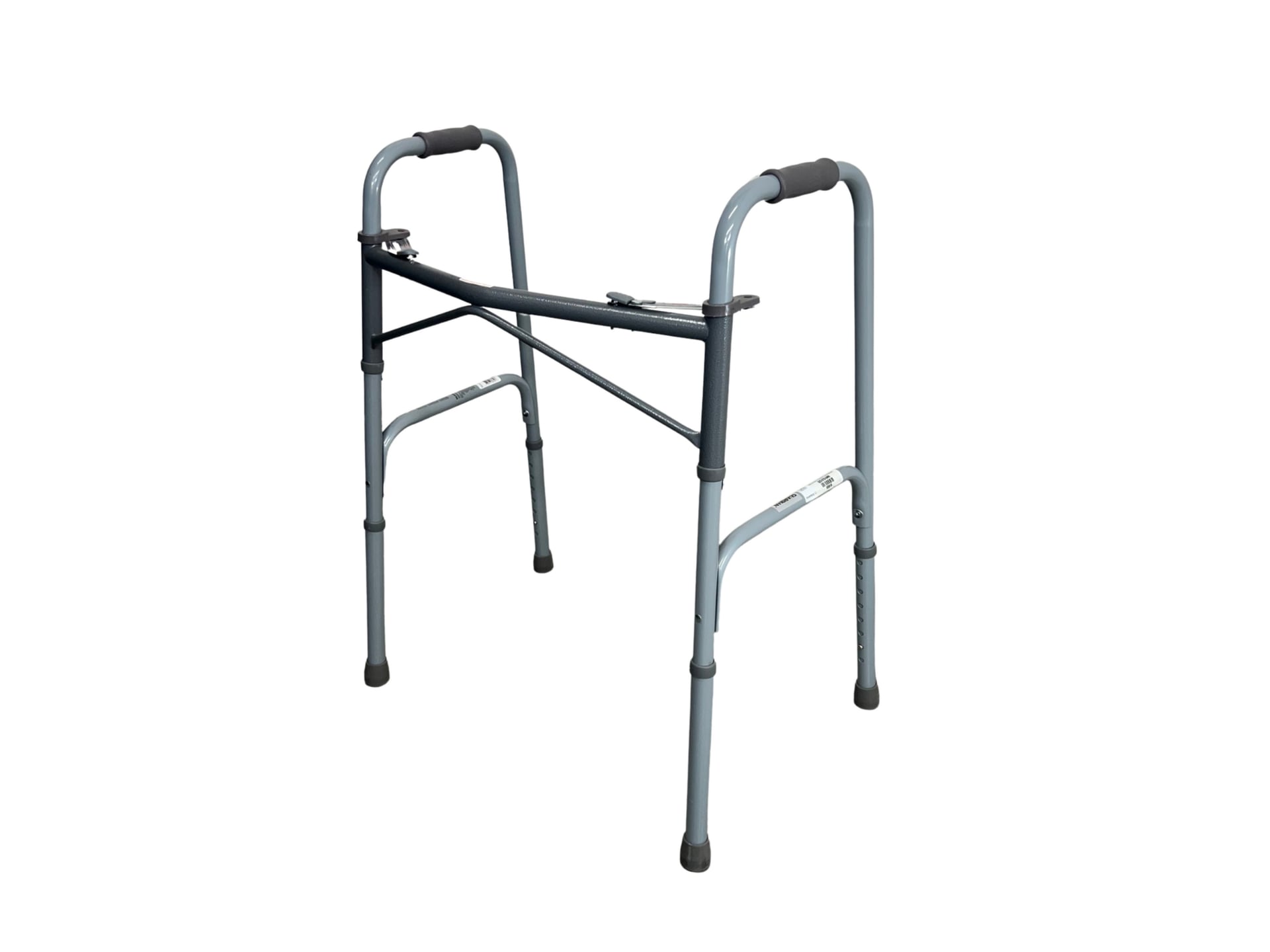 A rigid walker frame without wheels, composed of tubular metal legs with height-adjustable rubber-tipped feet and horizontal handgrips.