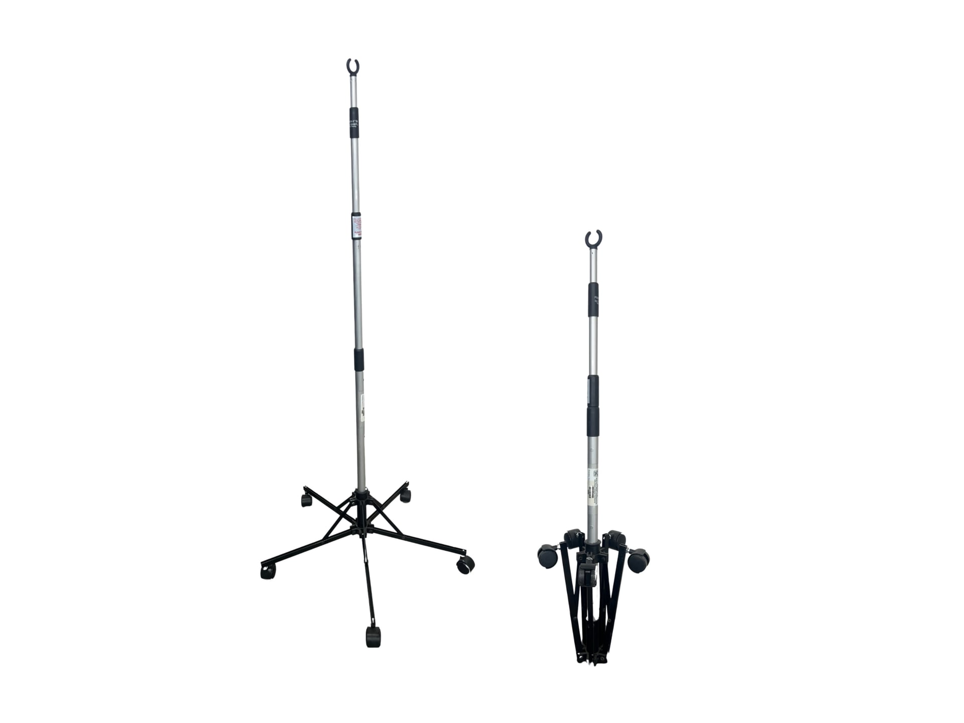 A collapsible medical I.V. pole with a telescoping silver shaft atop a five-legged black caster base, shown both fully extended (hook visible) and collapsed for transport.