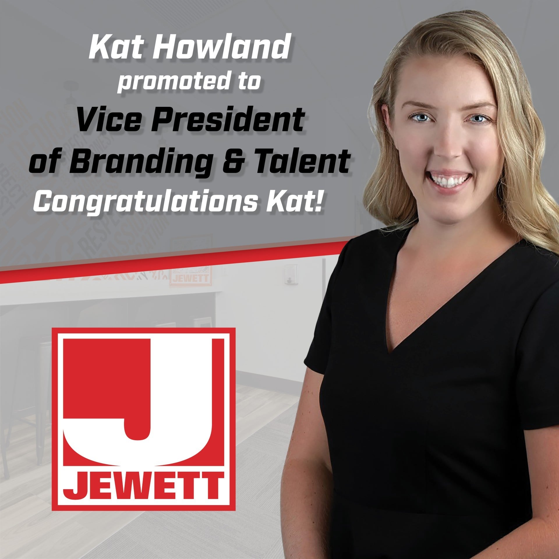 Portrait of Kat Howland smiling in a black dress, celebrating her promotion to Vice President of Branding & Talent at Jewett Construction. Background shows an office interior with the Jewett logo and congratulatory text.