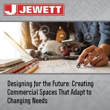 Close-up of hands working over architectural plans with a pen and calculator, surrounded by digital icons representing various business and design concepts. Jewett Construction logo at the top. Text overlay reads: "Designing for the Future: Creating Commercial Spaces That Adapt to Changing Needs."