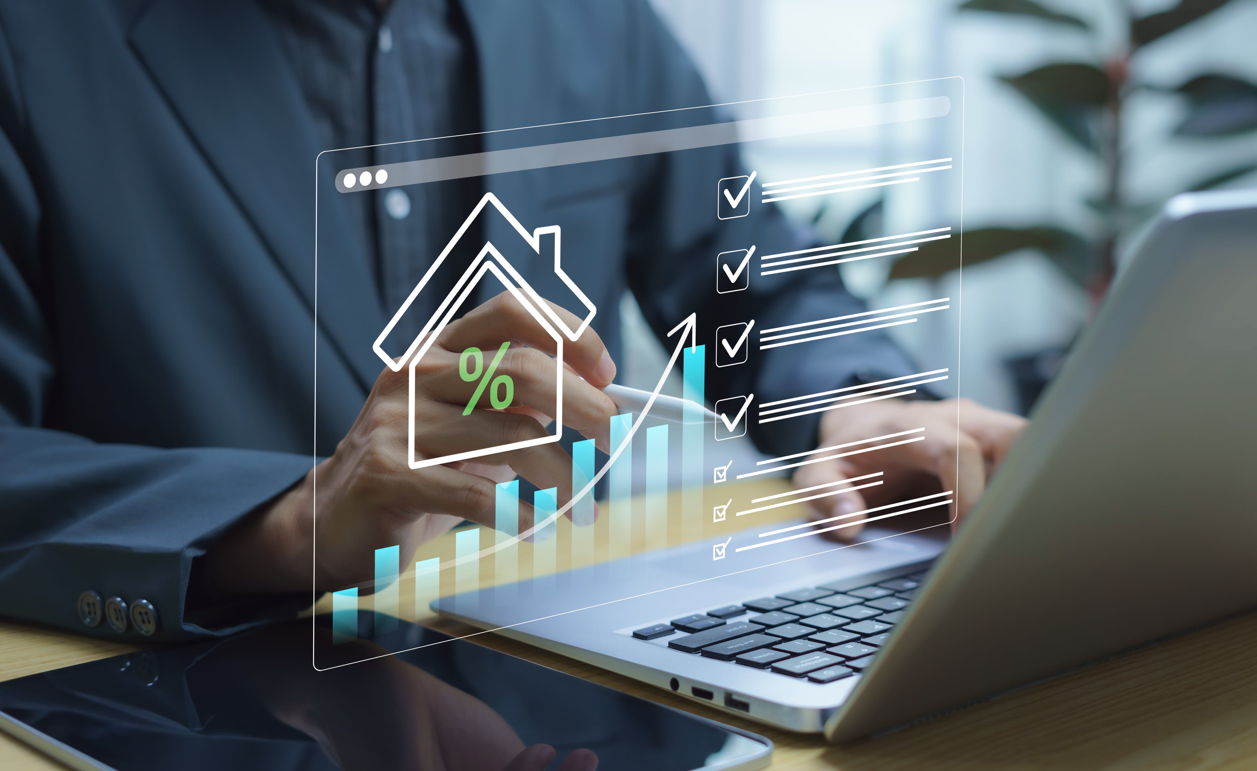Business professional analyzing real estate data on a laptop with digital charts, house icons, and checklist overlays.