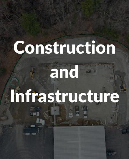 Aerial view of active construction site with text overlay: “Construction and Infrastructure.”